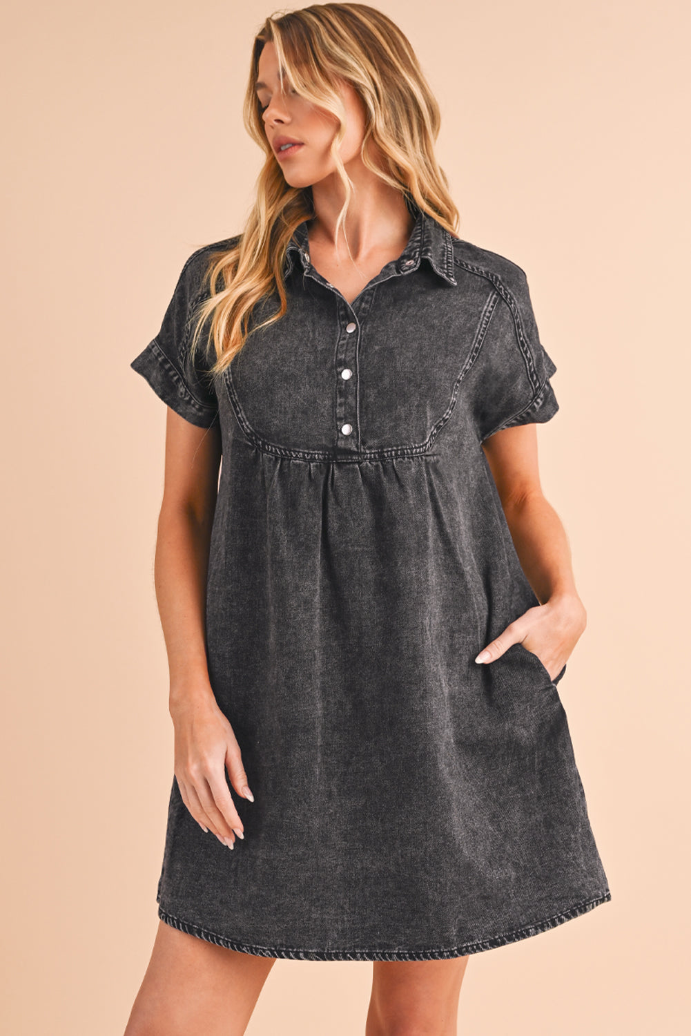 Black Vintage Snap Buttoned Mini Denim Dress - Eloy Royal