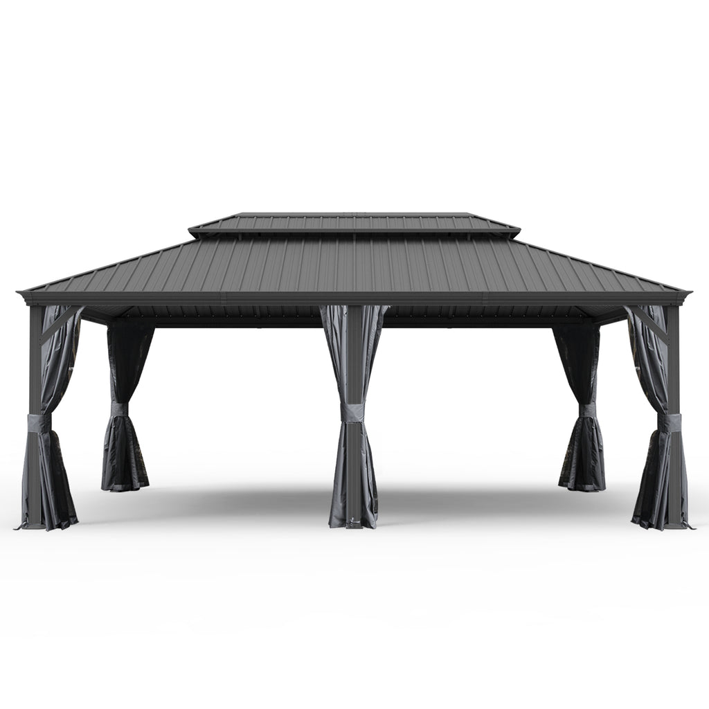 14' X 20' Hardtop Gazebo, Upgraded Metal Gazebo with Drainage System, Dual-Layer Galvanized Steel Roof, Curtain and Netting, Outdoor Shelter Canopy for Patio, Garden, and Backyard, Grey