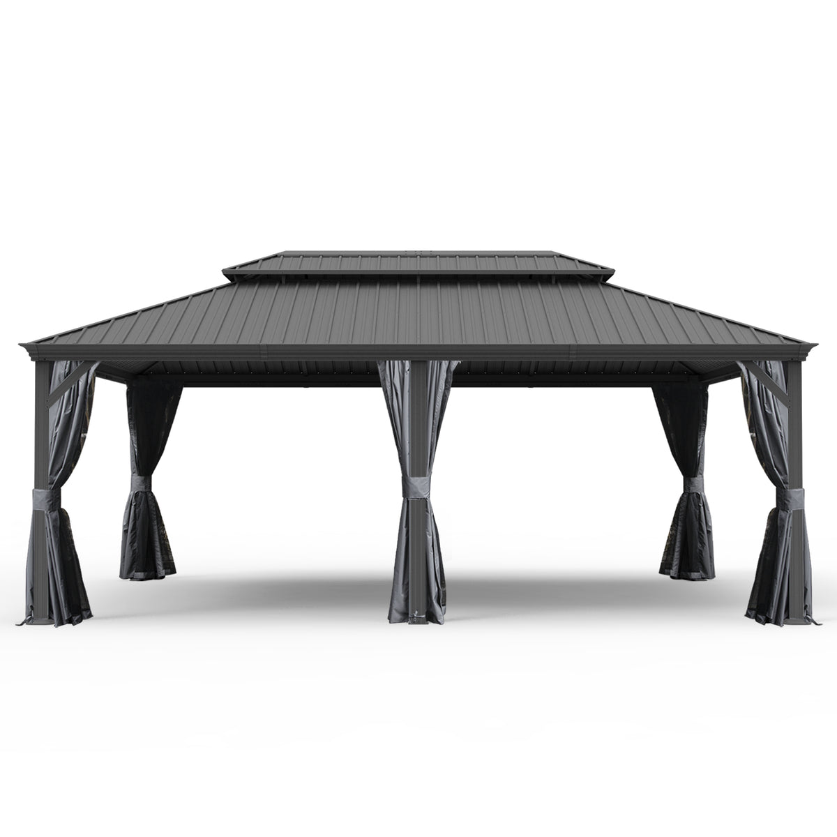 14' X 20' Hardtop Gazebo, Upgraded Metal Gazebo with Drainage System, Dual-Layer Galvanized Steel Roof, Curtain and Netting, Outdoor Shelter Canopy for Patio, Garden, and Backyard, Grey