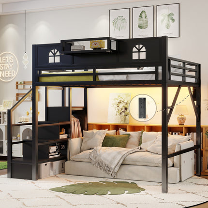 Full Size Loft Bed with Stairs, Metal Full Loft Bed with High and House Shaped Guardrails, High Loft Bed with Wardrobe for Kids Teens, black(Old SKUW2593S00055 )