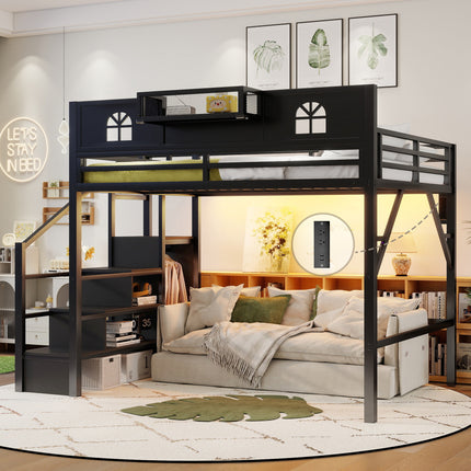 Queen Size Loft Bed with Stairs, Metal Queen Loft Bed with High and House Shaped Guardrails, High Loft Bed with Wardrobe for Kids Teens, black(Old SKU W2593S00061)