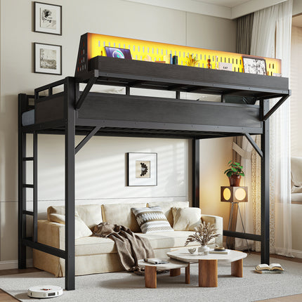 Twin XL size Loft Bed Frame with Storage Shelves and Pegboard, Metal Loft Bed with USB Ports and LED Lights, Safe and Sturdy, Black