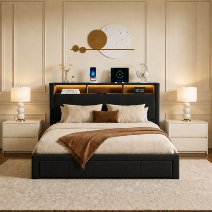 Full-size upholstered bed with drawers, storage headboard with charging station and LED light, no spring mattress needed, silent design, easy to assemble, black