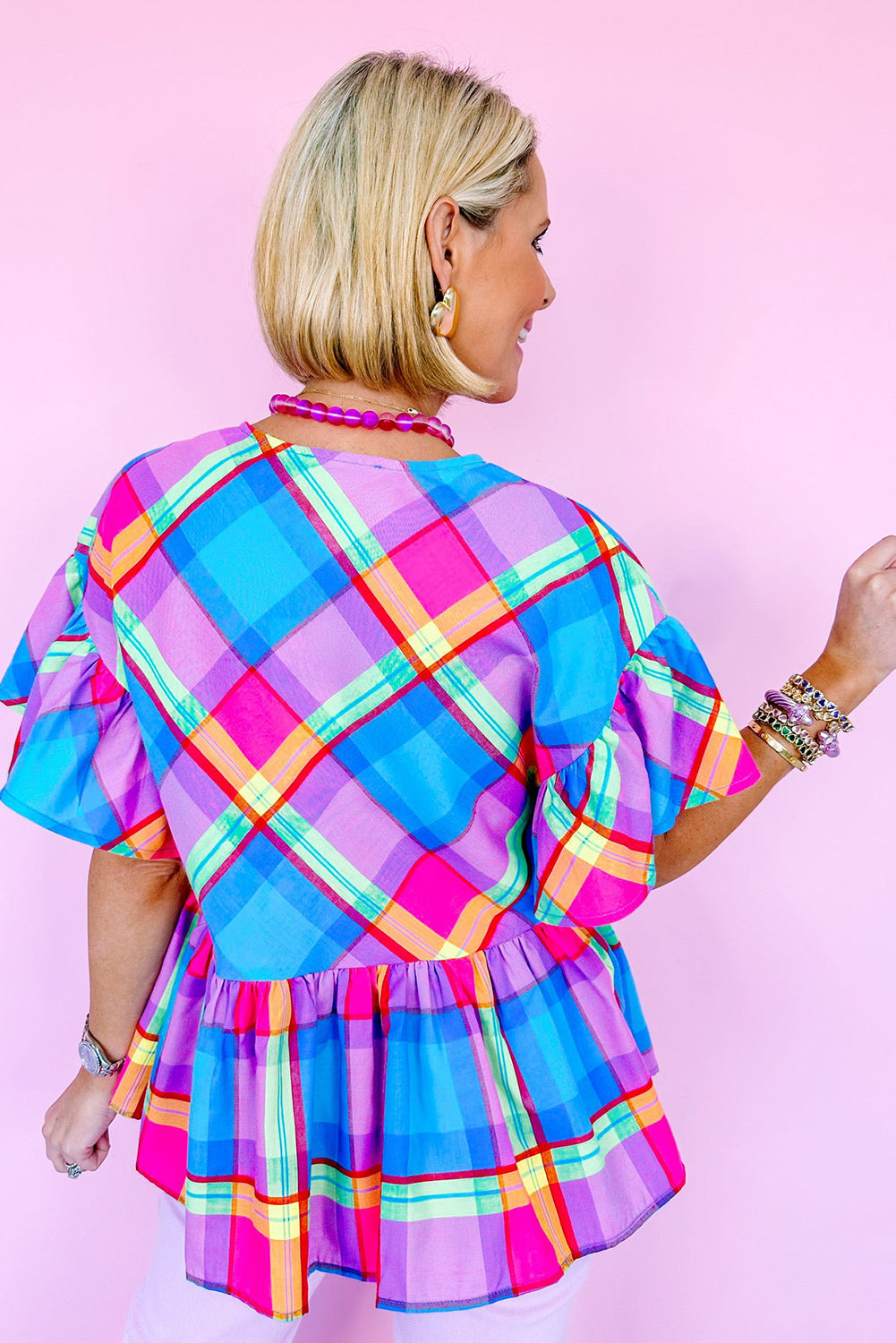 Sky Blue Colorful Plaid V Neck Ruffled Babydoll Blouse - Eloy Royal