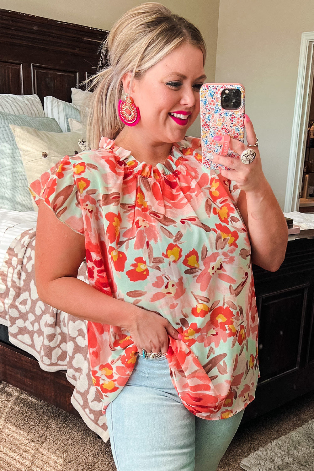 Red Plus Size Watercolor Floral Print Frill Neck Blouse - Eloy Royal