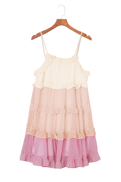 Pink Color Block Swiss Dot Tiered Spaghetti Strap Dress - Eloy Royal