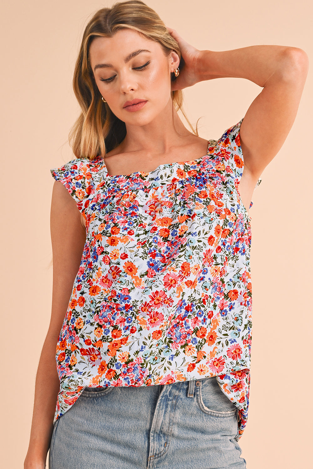 Rose Red Boho Floral Square Neck Flutter Sleeveless Top - Eloy Royal