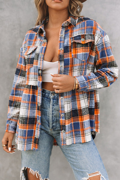 Wholesale Multicolor Plaid Snap Button Casual Raw Hem Shirt Shacket - Eloy Royal