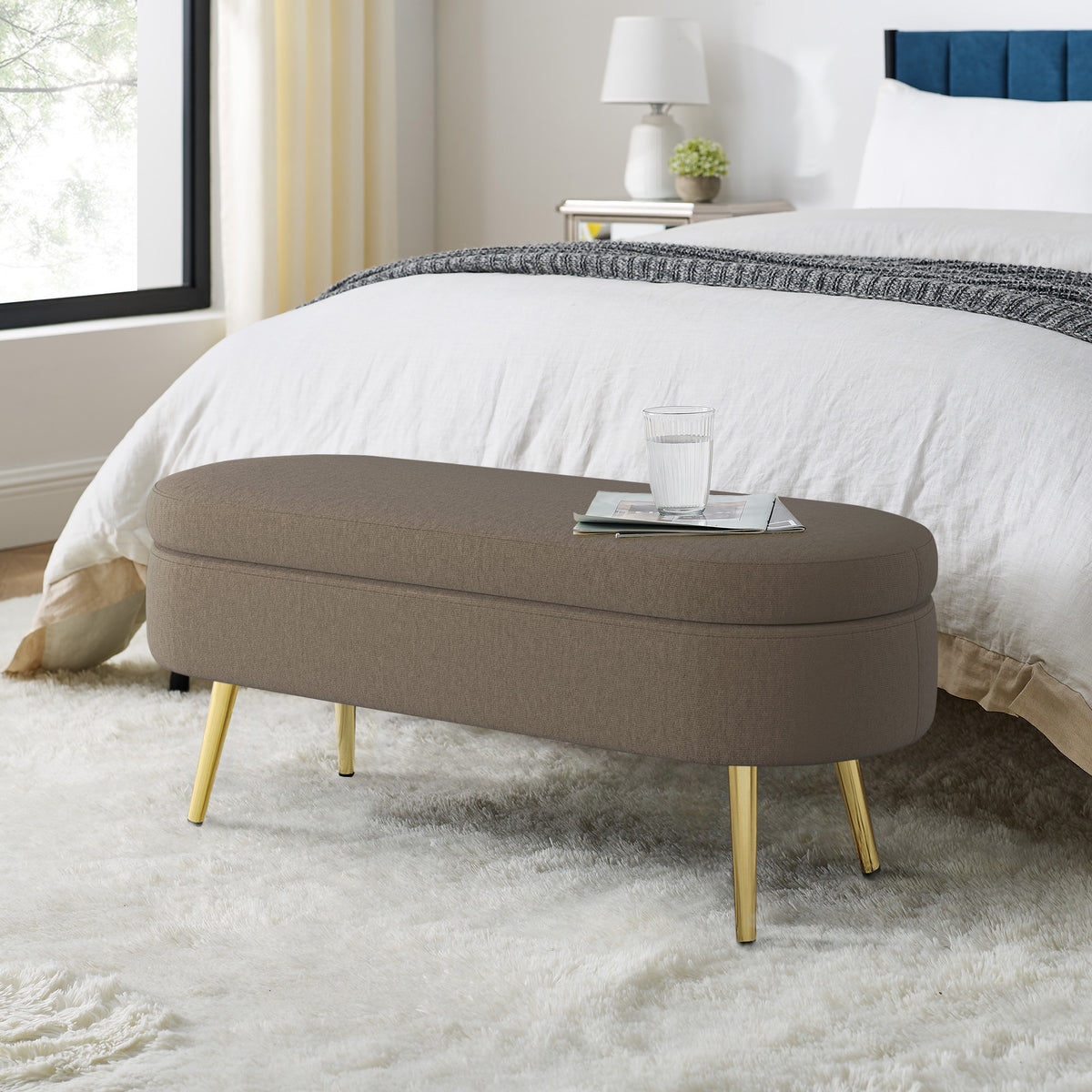 Ottoman Oval Storage Bench, Flannel with Metal Legs-Brown(43.5'x16'x16')