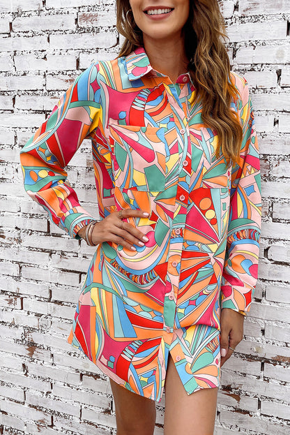 Multicolor Abstract Print Long Sleeve Shirt Dress - Eloy Royal