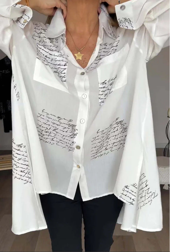 Letter Print Long Sleeve Shirt Fashion Commuter Style Lapel Shirt Women's Clothing