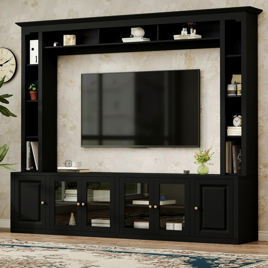 4-Piece Modern Entertainment Center Wall Unit with Bookshelves, All-in-1 Large TV Stand with Tempered Glass Door for TVs Up to 80', 92inch Media Console with Adjustable Shelves for Living Room, Black