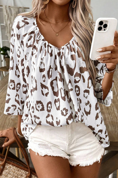 Khaki Leopard Print V Neck 3/4 Sleeve Blouse