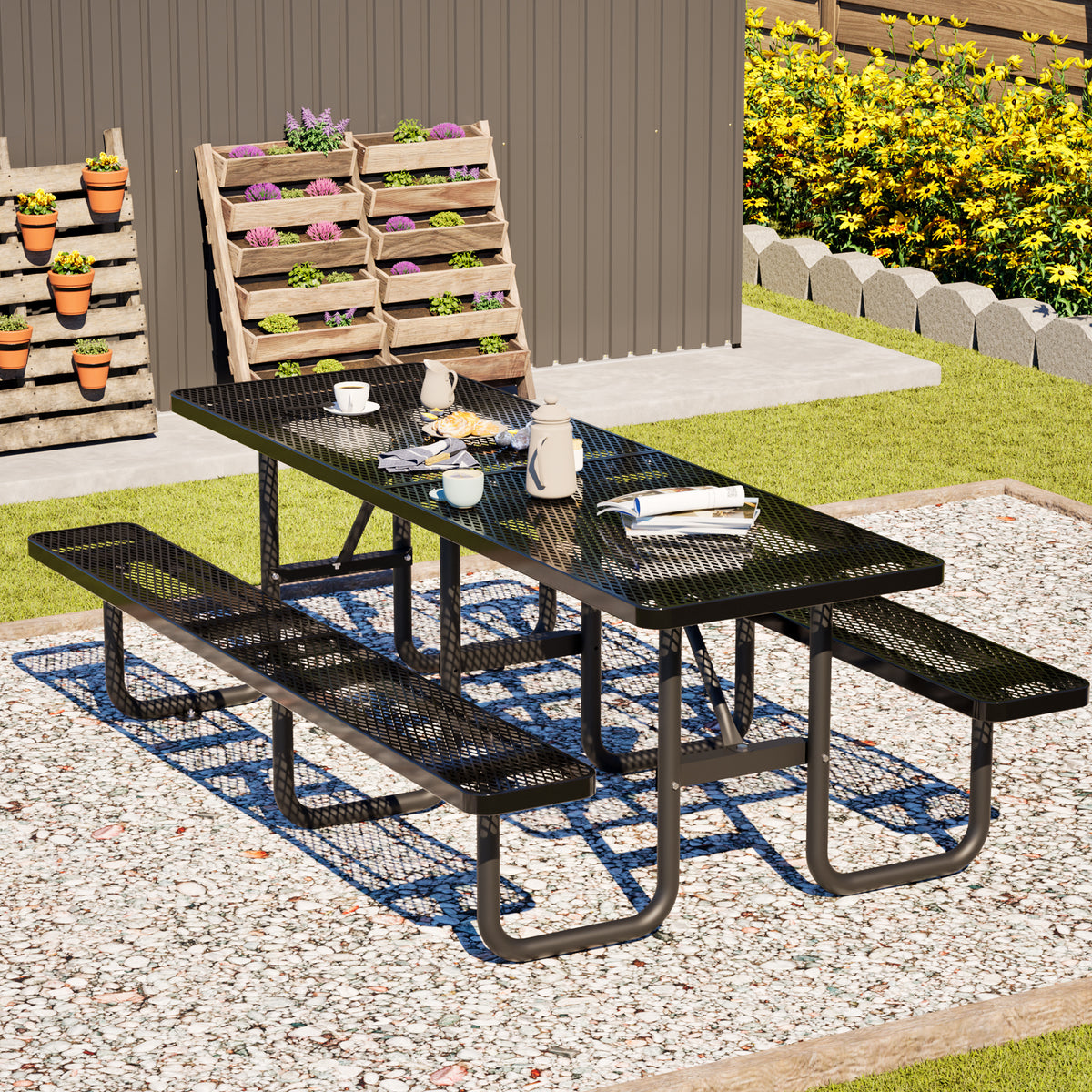 96'x96' Heavy Duty Metal Picnic Table for 10 Person, Outdoor Dining Table with Umbrella Hole, Galvanized Steel Rustproof Frame, 882LBS Capacity – Ideal for Garden, Patio, Picnic, Camping