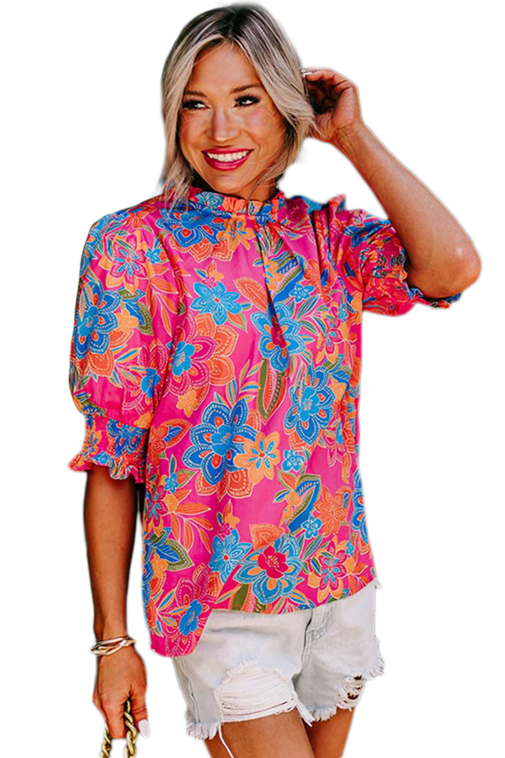 Rose Frill Neck Puff Sleeve Boho Floral Blouse - Eloy Royal