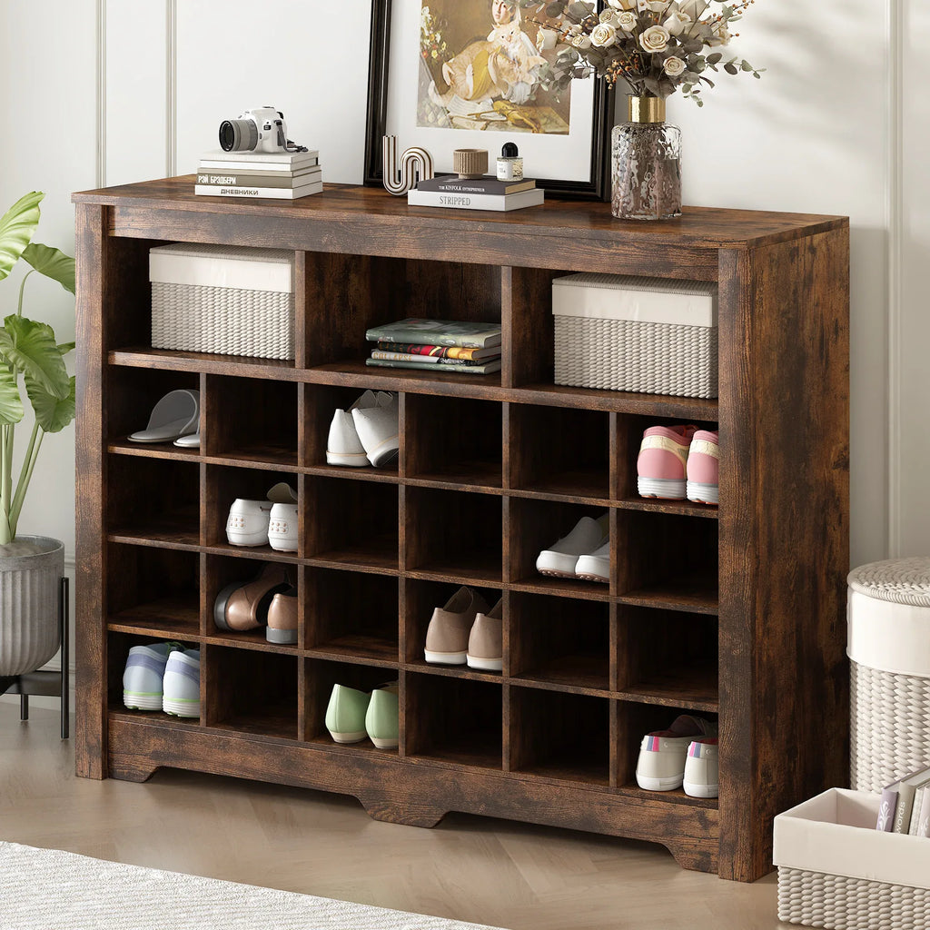 ON-TREND Sleek Design 24 Shoe Cubby Console, Modern Shoe Cabinet with Curved Base, Versatile Sideboard with High-quality for Hallway, Bedroom, Living Room, Rustic Brown - Eloy Royal