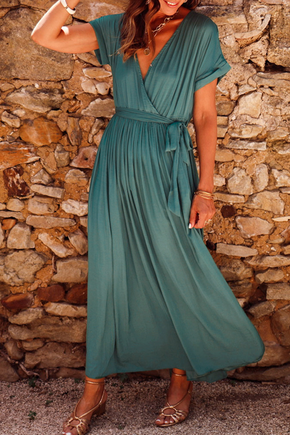 Wholesale Green Wrap V Neck Belted Pleated Maxi Dress - Eloy Royal