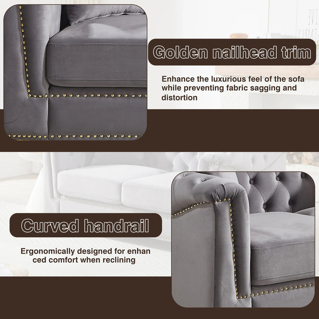 {Video] Classic Modern Style Sofa, 62-inch Chesterfield Classic Rolled Arm Tucked-in Nailhead Decor Cloud Two-Seater Velvet Sofa, Luxury Double Sofa Suitable for Living Room, Bedroom, Apartment, Grey - Eloy Royal