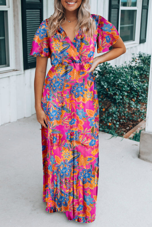 Wholesale Rose Boho Abstract Print V Neck Short Sleeve Maxi Wrap Dress - Eloy Royal