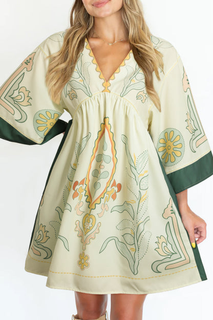 Multicolor Boho Floral V Neck Bell Sleeve Dress - Eloy Royal