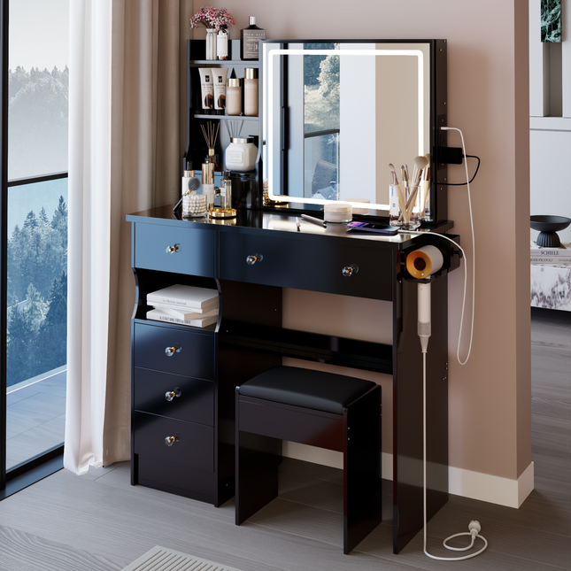 37' Left Drawer Desktop Vanity Table + Cushioned Stool, 2 AC+2 USB Socket, Hair Dryer Stand, Large Touch Control LED Sliding Mirror, 3-color Switch Makeup Dressing Set, EPA, GCC, UL Certificate
