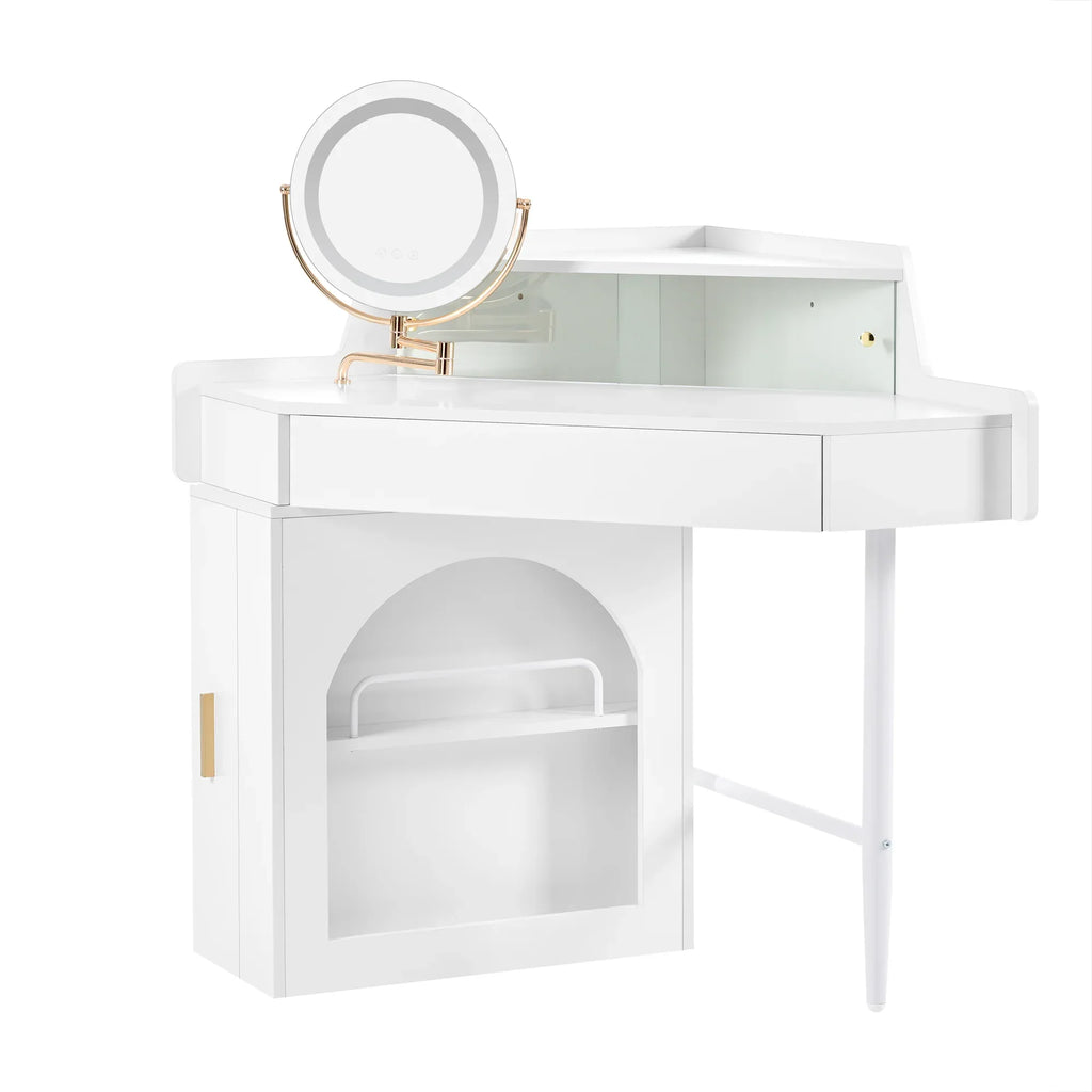 Corner Makeup Vanity Desk With Mirror & LED Lights, Modern Vanity Set With Mirror And Stool, Dressing Table With Large Storage For Small Place, Brightness Adjustable Folding Mirror, White - Eloy Royal