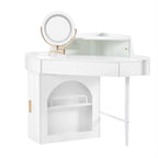 Corner Makeup Vanity Desk With Mirror & LED Lights, Modern Vanity Set With Mirror And Stool, Dressing Table With Large Storage For Small Place, Brightness Adjustable Folding Mirror, White - Eloy Royal