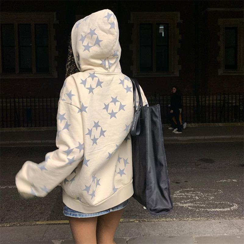 Stars Printed Zipper Hooded Cardigan Couple Fashion Outerwear Hoodies Sweatshirt Street Men Women Coat