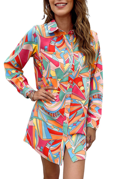 Multicolor Abstract Print Long Sleeve Shirt Dress - Eloy Royal