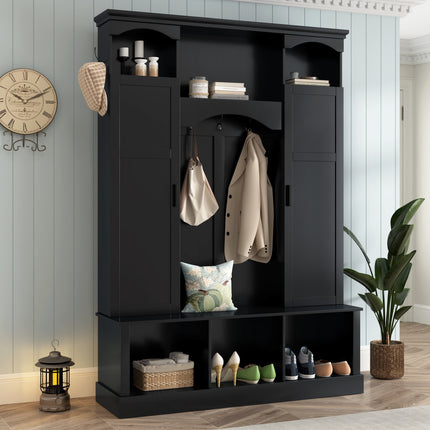 ON-TREND Modern All-in-One Hall Tree with Adjustable Shelves, Classic Arched Farmhouse Storage Bench with Dual Side Cabinets, Elegant Entryway Organizer with 7 Hooks for Mudroom, Hallway, Black