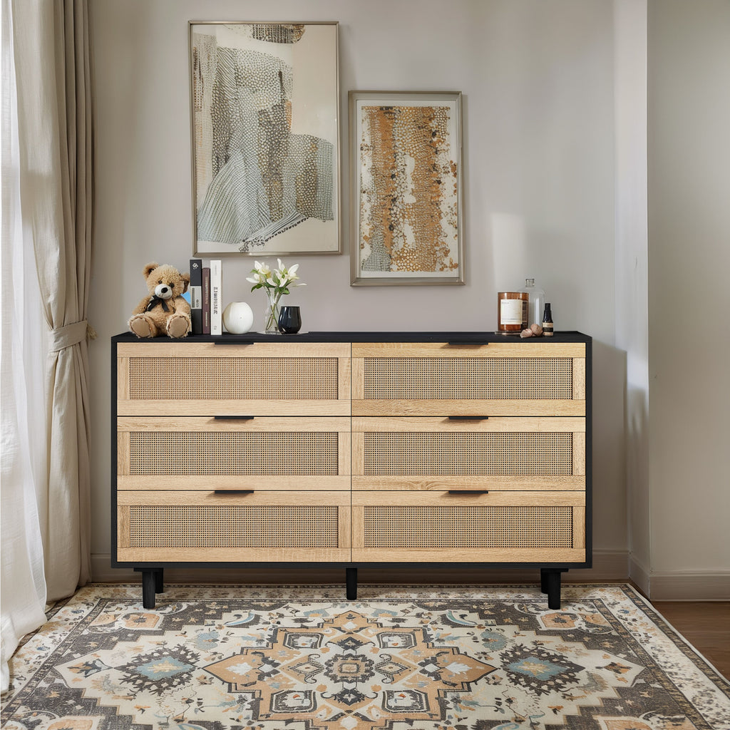 51.18'6-Drawers Rattan Storage Cabinet Rattan Drawer,for Bedroom,Living Room,Black (Same SKU:W757112779)
