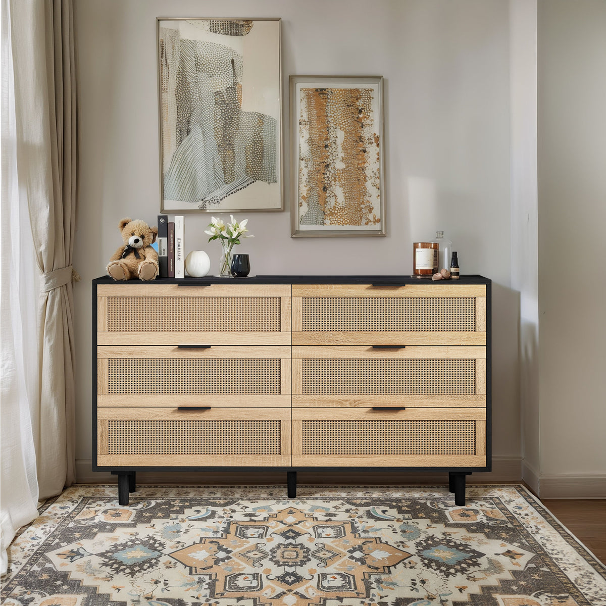 51.18'6-Drawers Rattan Storage Cabinet Rattan Drawer,for Bedroom,Living Room,Black (Same SKU:W757112779)