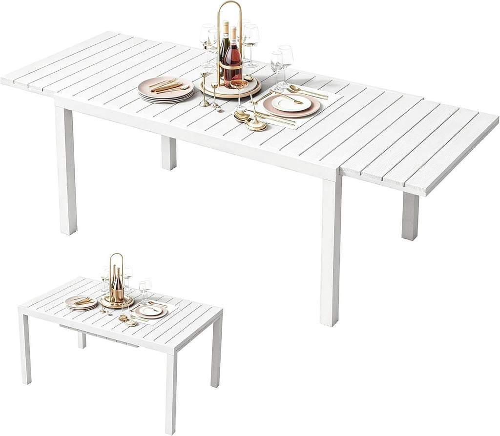 Expandable Patio Dining Table 60 to 83 Inches, Weatherproof HDPE/Aluminum Outdoor Table for 4-8 People, White