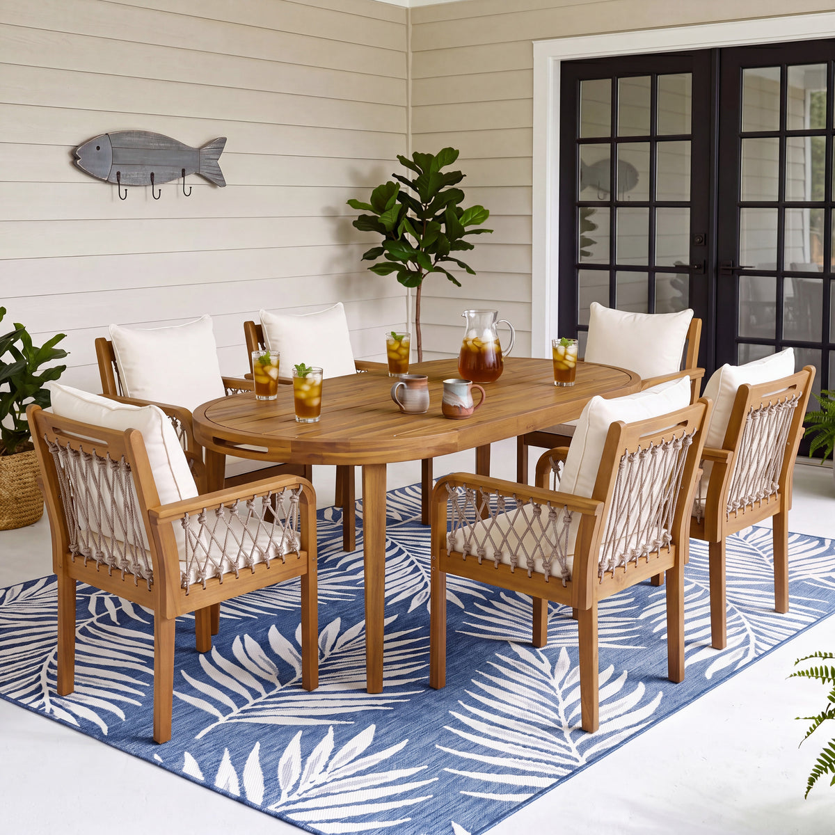 7-Piece Outdoor Acacia Wood Dining Set with Rope-Woven Armchairs, Weather-Resistant Patio Table & Chairs with Cushions,Teak finish+Oatmeal rope+Cream Beige cushion