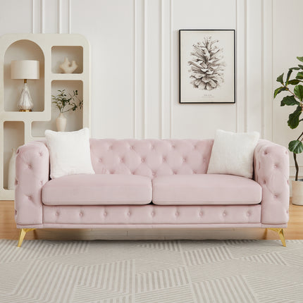 [Video] Classic modern sofa: 82.5-inch Chesterfield-style sofa with tufted detailing and luxurious velvet upholstery, featuring 2 throw pillows and metal legs,pink