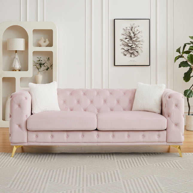 [Video] Classic modern sofa: 82.5-inch Chesterfield-style sofa with tufted detailing and luxurious velvet upholstery, featuring 2 throw pillows and metal legs,pink