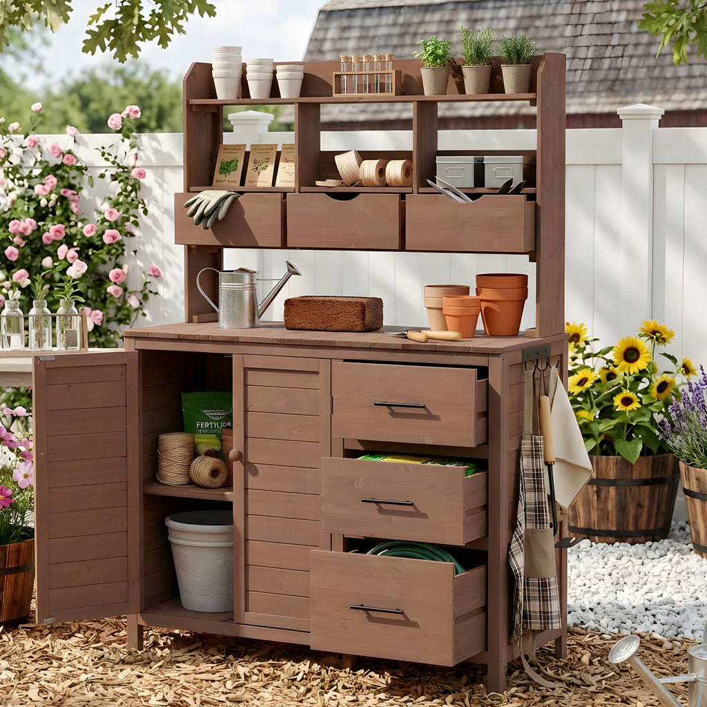 (With Assembly Video) TOPMAX Farmhouse Patio Potting Bench, 44.6''x19.5'' Large Freestanding Garden Workstation with 6 Drawers, Bottom Cabinet and Side Hook, Outdoor Kitchen Island, Brown