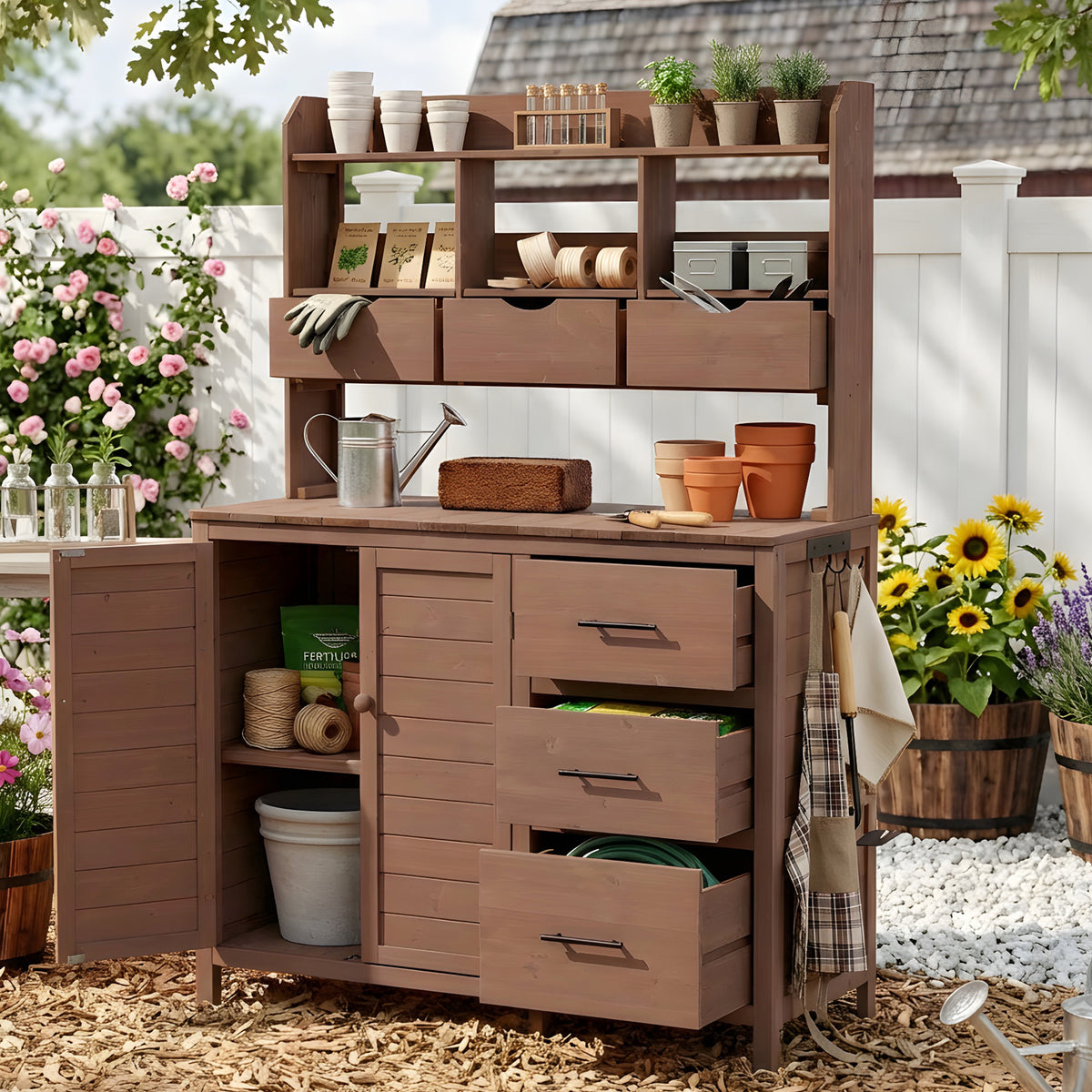 (With Assembly Video) TOPMAX Farmhouse Patio Potting Bench, 44.6''x19.5'' Large Freestanding Garden Workstation with 6 Drawers, Bottom Cabinet and Side Hook, Outdoor Kitchen Island, Brown
