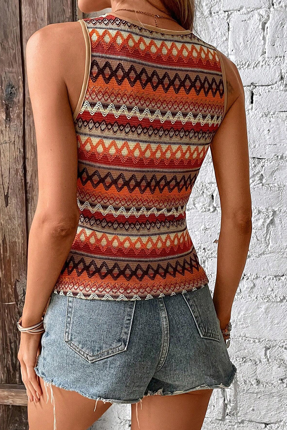 Orange Boho Geometric Striped Knitted Tank Top - Eloy Royal