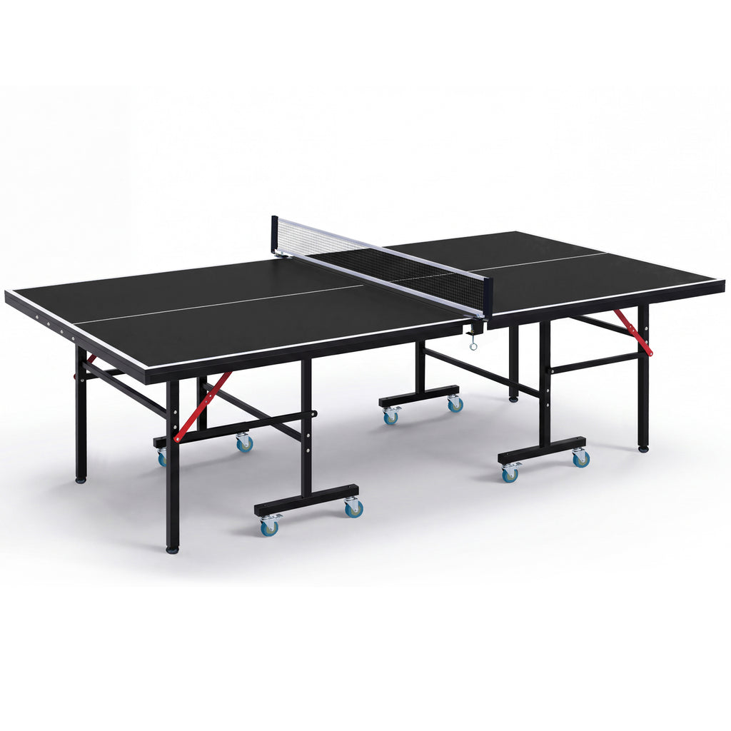 8ft Black Mid-Size Table Tennis Table Foldable & Portable Ping Pong Table Set for Indoor Games with Net, 2 Table Tennis Paddles and 3 Balls