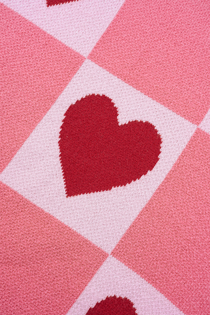 Pink Plus Size Heart Checkered Colorblock Lantern Sleeve Sweater