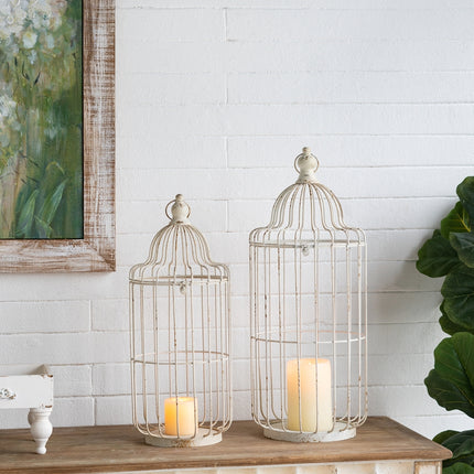 S/2 Aged White Iron Birdcage Lanterns with Ornate Finial Tops, L:10.5x10.5x26.5'  S:9x9x22.5'
