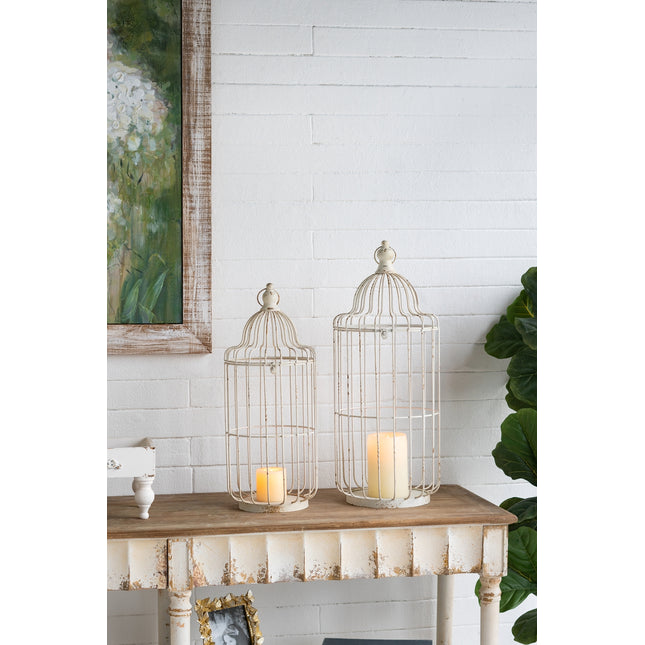 S/2 Aged White Iron Birdcage Lanterns with Ornate Finial Tops, L:10.5x10.5x26.5'  S:9x9x22.5'