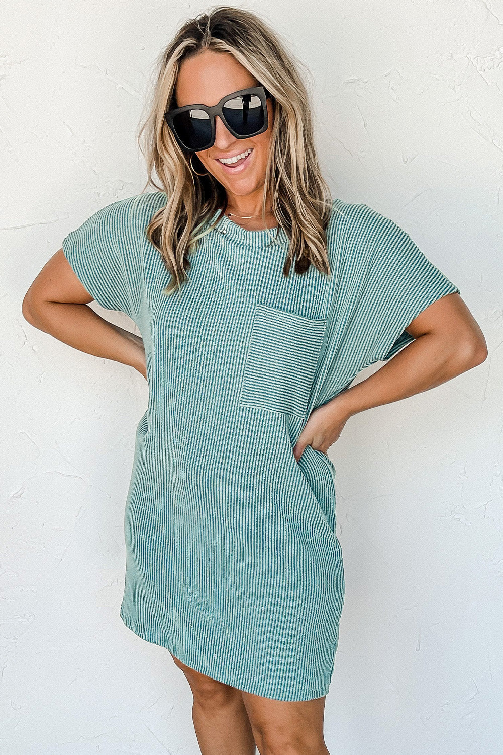 Blue Ribbed Chest Pocket Casual T Shirt Dress - Eloy Royal