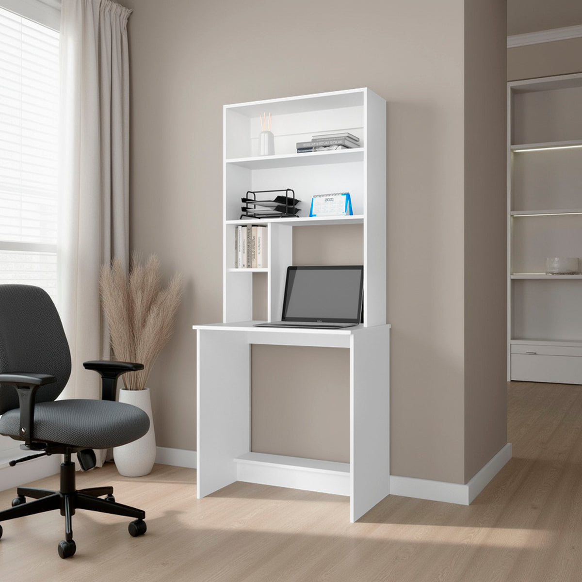 FM FURNITURE Anderson Computer Desk with Hutch Small Space Writing Study Table White