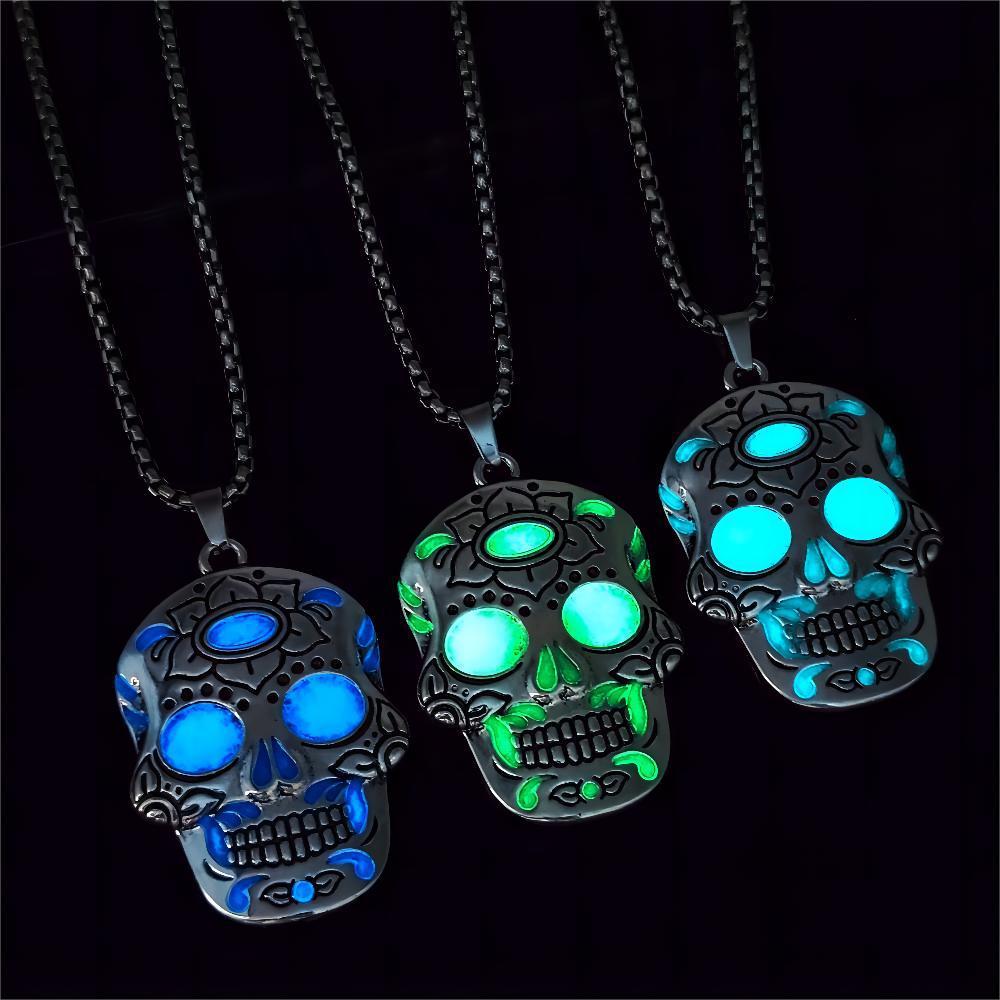 Halloween Luminous Skull Necklace With Day Of The Dead Lotus Pattern Personality Clavicle Necklace Fashion Jewelry Accessories