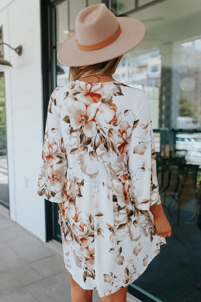 White Floral Print V Neck Flutter Half Sleeve Empire Waist Dress - Eloy Royal