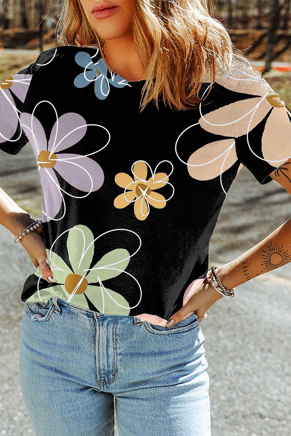 Beige Summer Flower Print Round Neck T Shirt