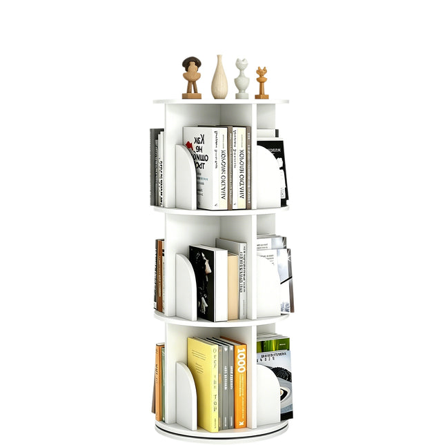Rotating Bookshelf, Wood Corner Bookshelf, 360 Display Spinning Bookcase Storage Rack, 3 Tier Floor Standing Revolving Bookcase Narrow Book Shelf Organizer for Small Space, Bedroom, White