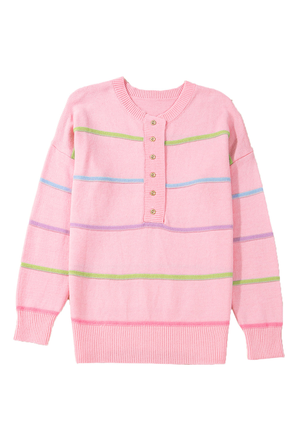 Pink Rainbow Striped Drop Sleeve Henley Sweater